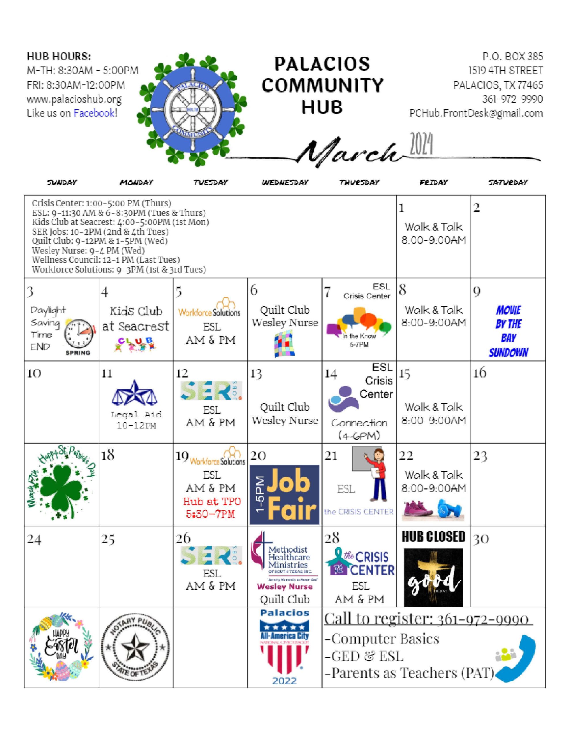 March 2024 The Hub Calendar | Palacios Community Hub